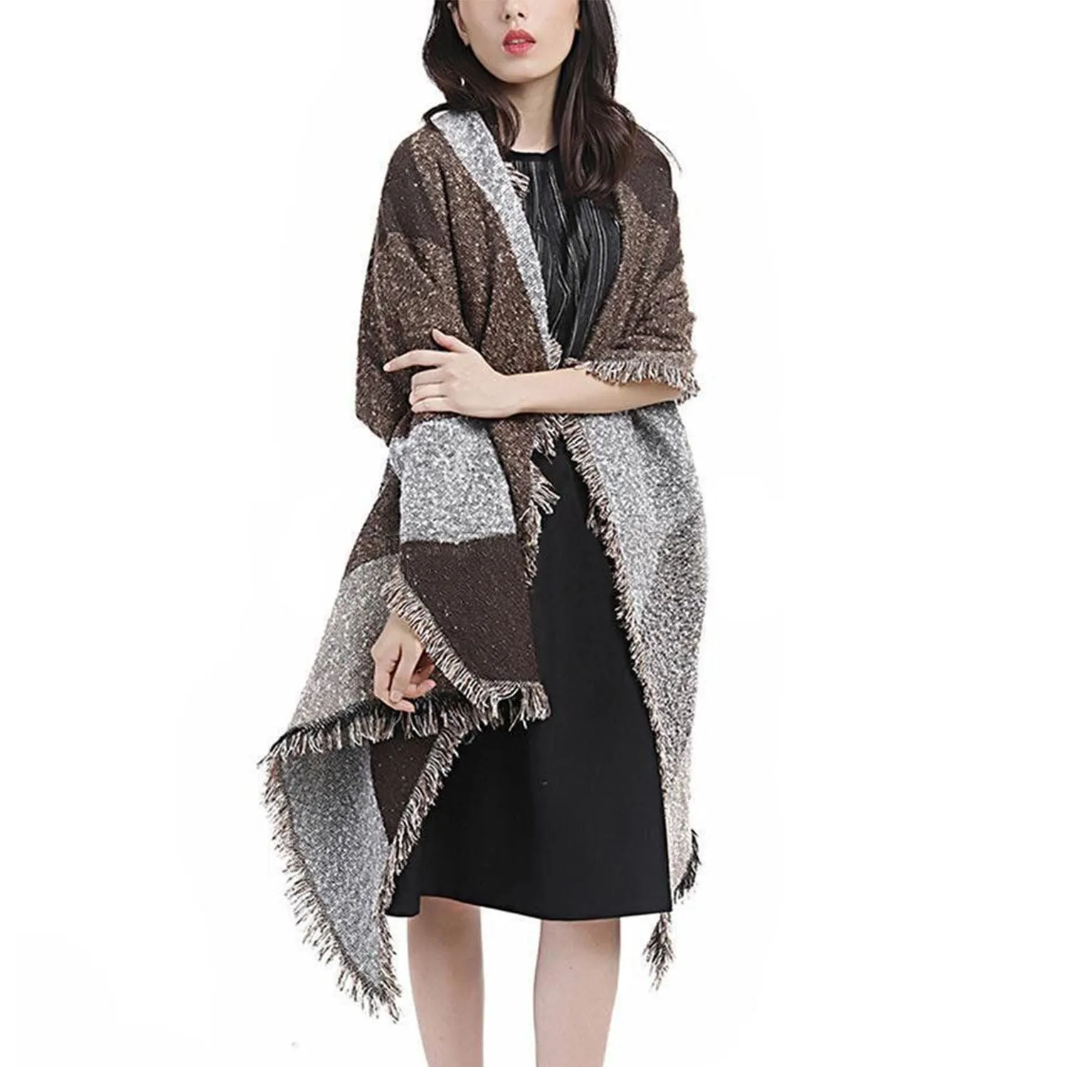 Women Long Soft Knitted Shawl Extra Thick Plaid Blanket Wrap Cape