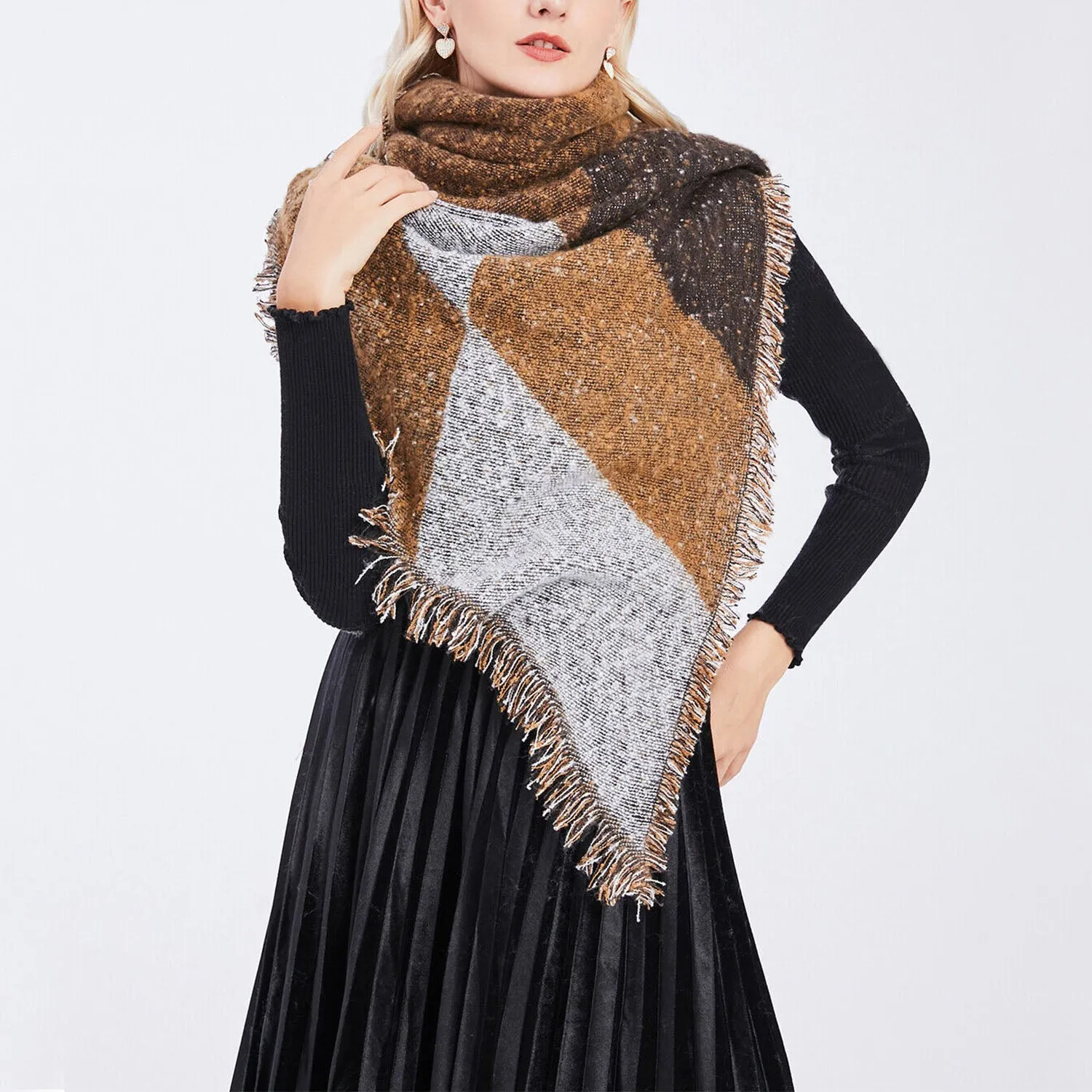 Women Long Soft Knitted Shawl Extra Thick Plaid Blanket Wrap Cape