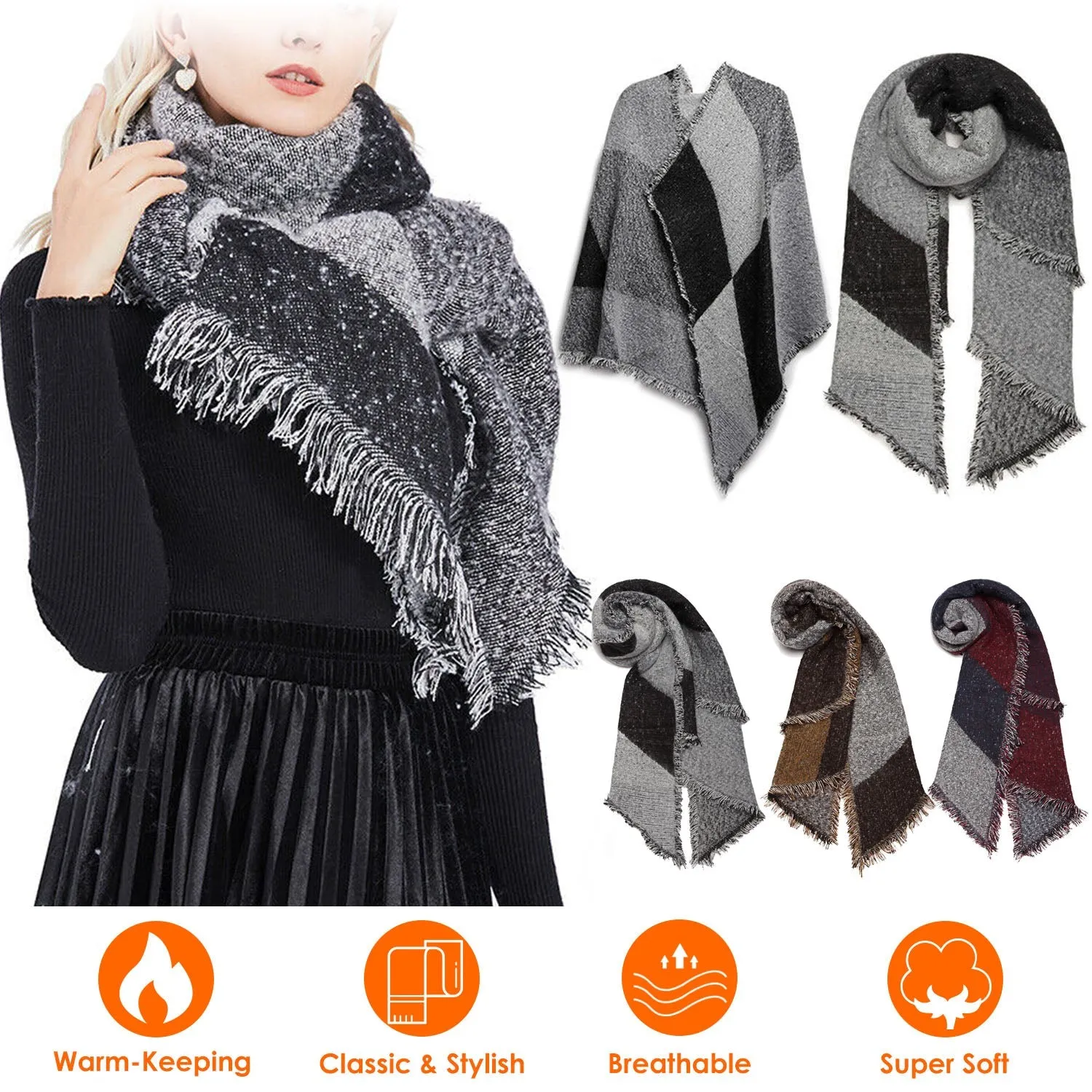 Women Long Soft Knitted Shawl Extra Thick Plaid Blanket Wrap Cape