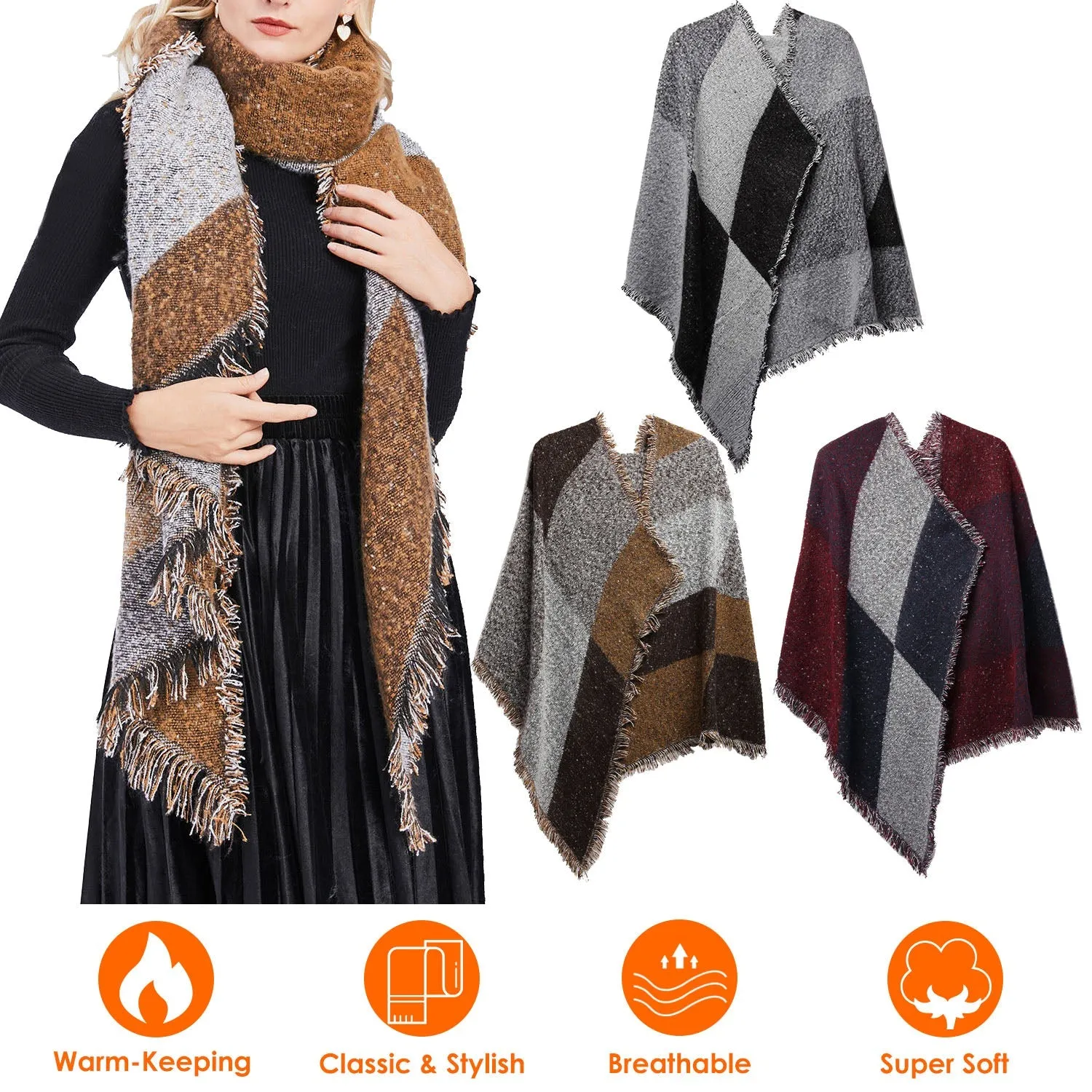 Women Long Soft Knitted Shawl Extra Thick Plaid Blanket Wrap Cape