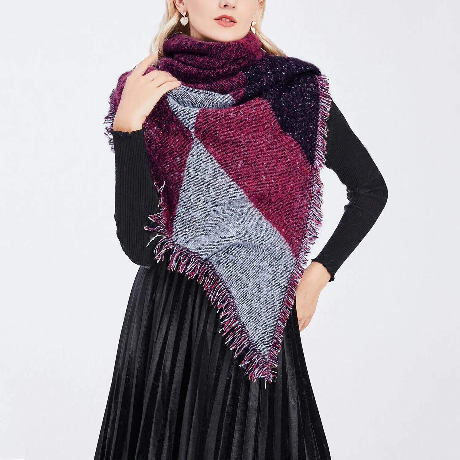 Women Long Soft Knitted Shawl Extra Thick Plaid Blanket Wrap Cape