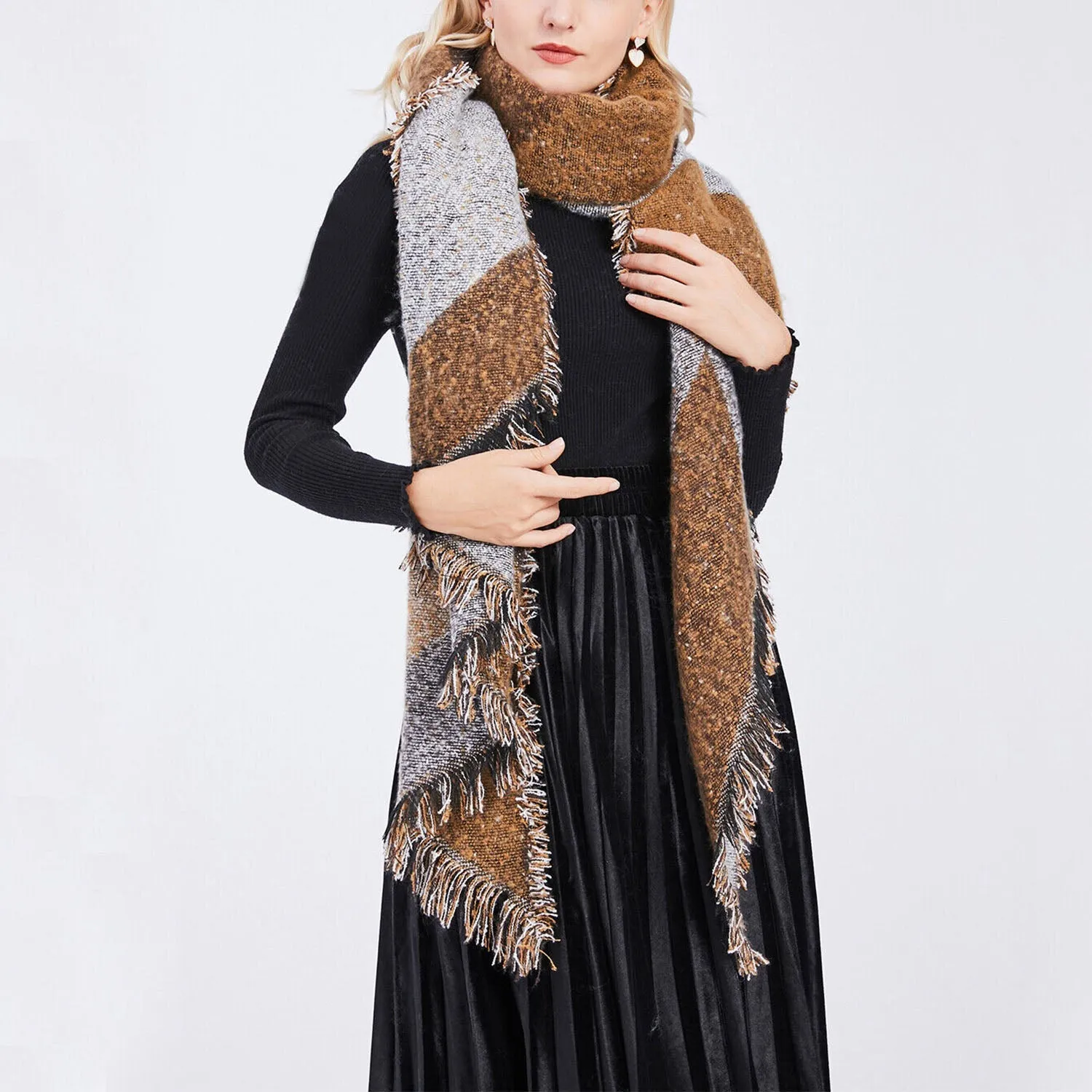 Women Long Soft Knitted Shawl Extra Thick Plaid Blanket Wrap Cape