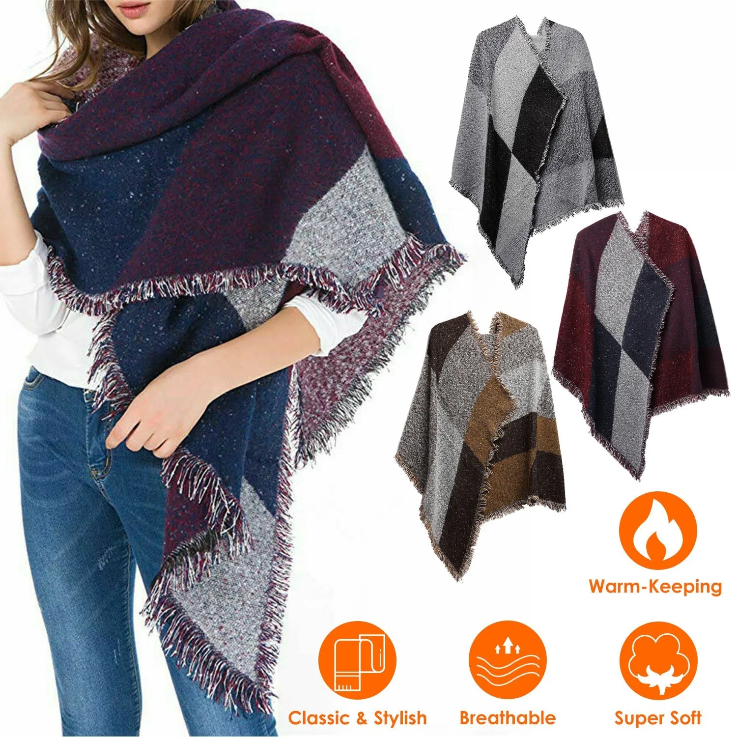 Women Long Soft Knitted Shawl Extra Thick Plaid Blanket Wrap Cape