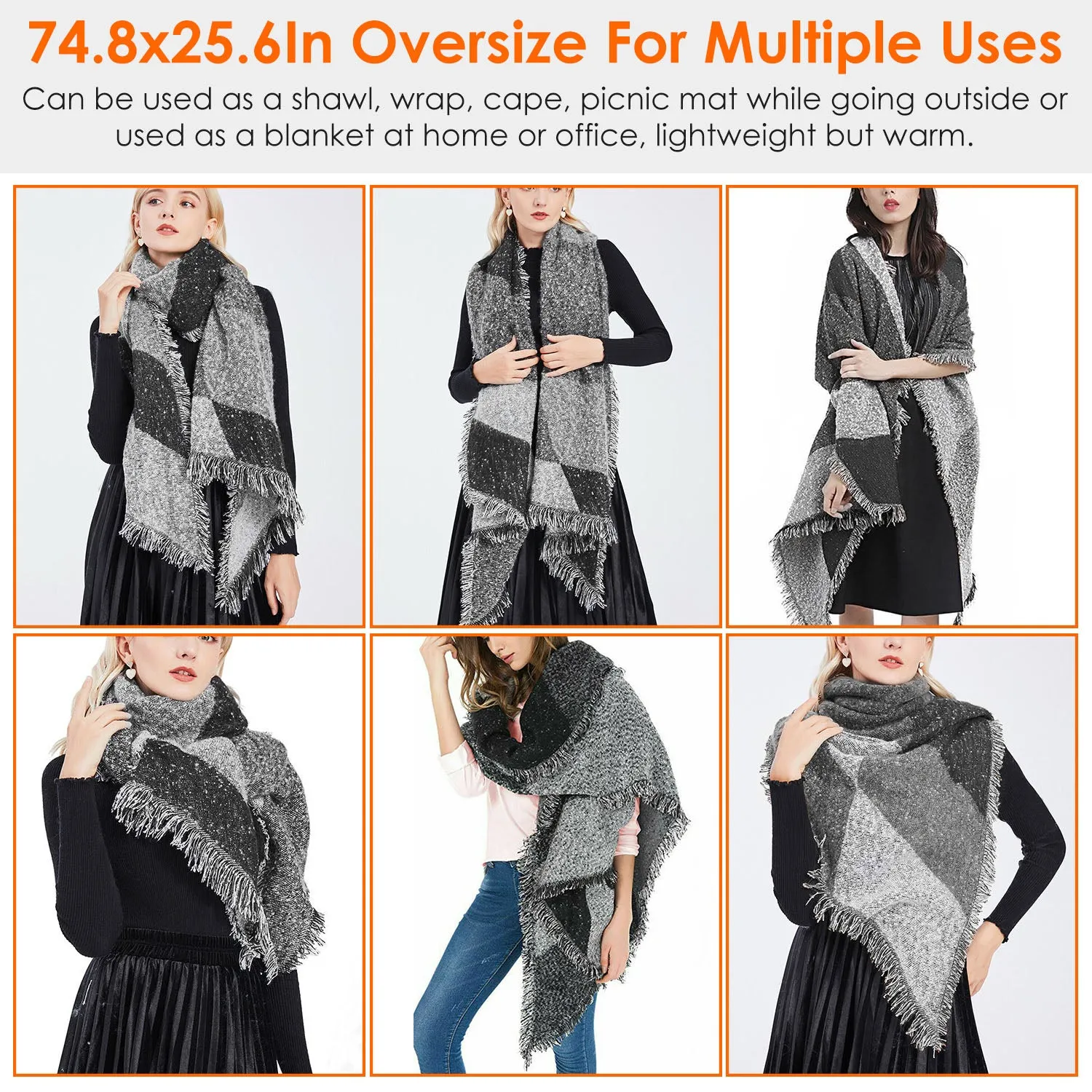 Women Long Soft Knitted Shawl Extra Thick Plaid Blanket Wrap Cape