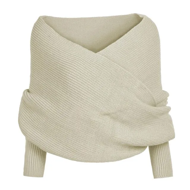 Women solid color Knitted Sweater Tops Scarf with Sleeve Wrap Winter Warm