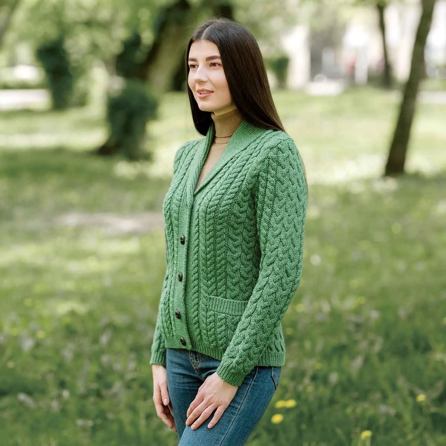 Women's Aran Knit Shawl Neck Cardigan, Green