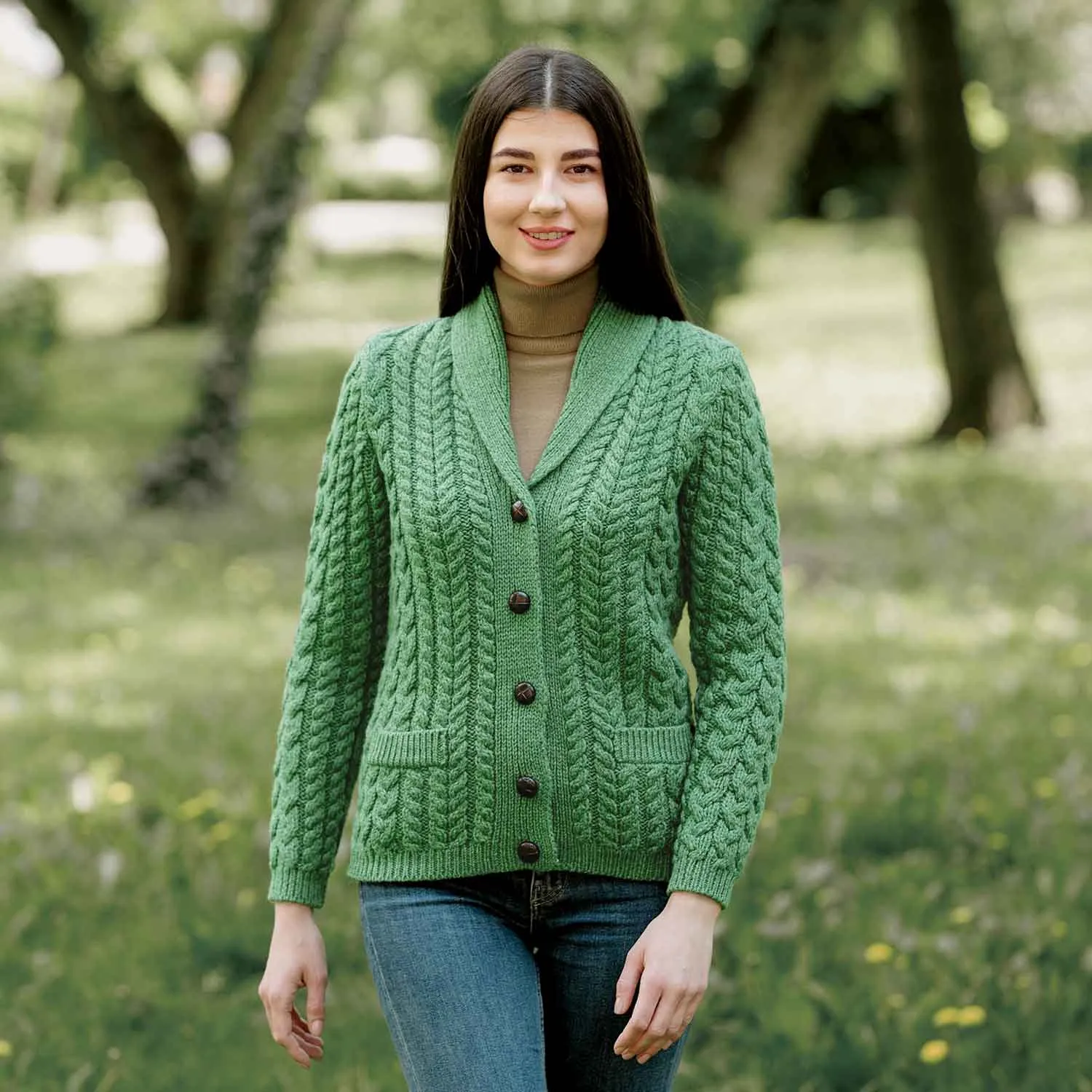 Women's Aran Knit Shawl Neck Cardigan, Green