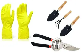 Your Brand Gardening Tools - Reusable Rubber Gloves, Flower Cutter/Scissor & Garden Tool Wooden Handle (3pcs-Hand Cultivator, Small Trowel, Garden Fork)